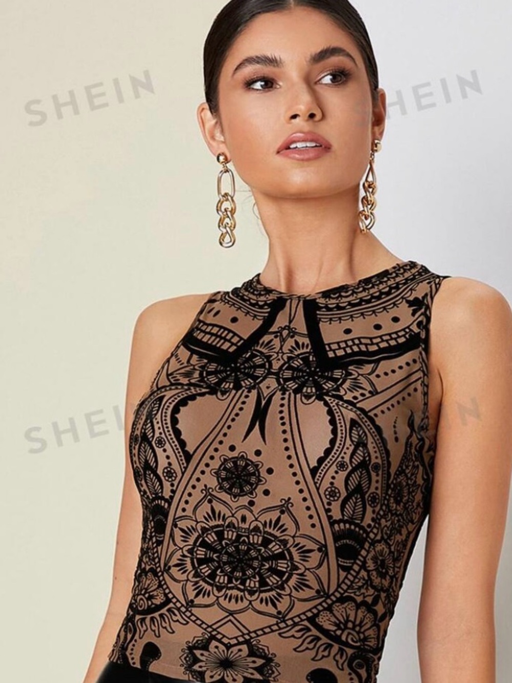 🌸S157 - SHEIN Black Lace Overlay Illusion Sheer Tank on Brown Base 🤎🖤🛍️
